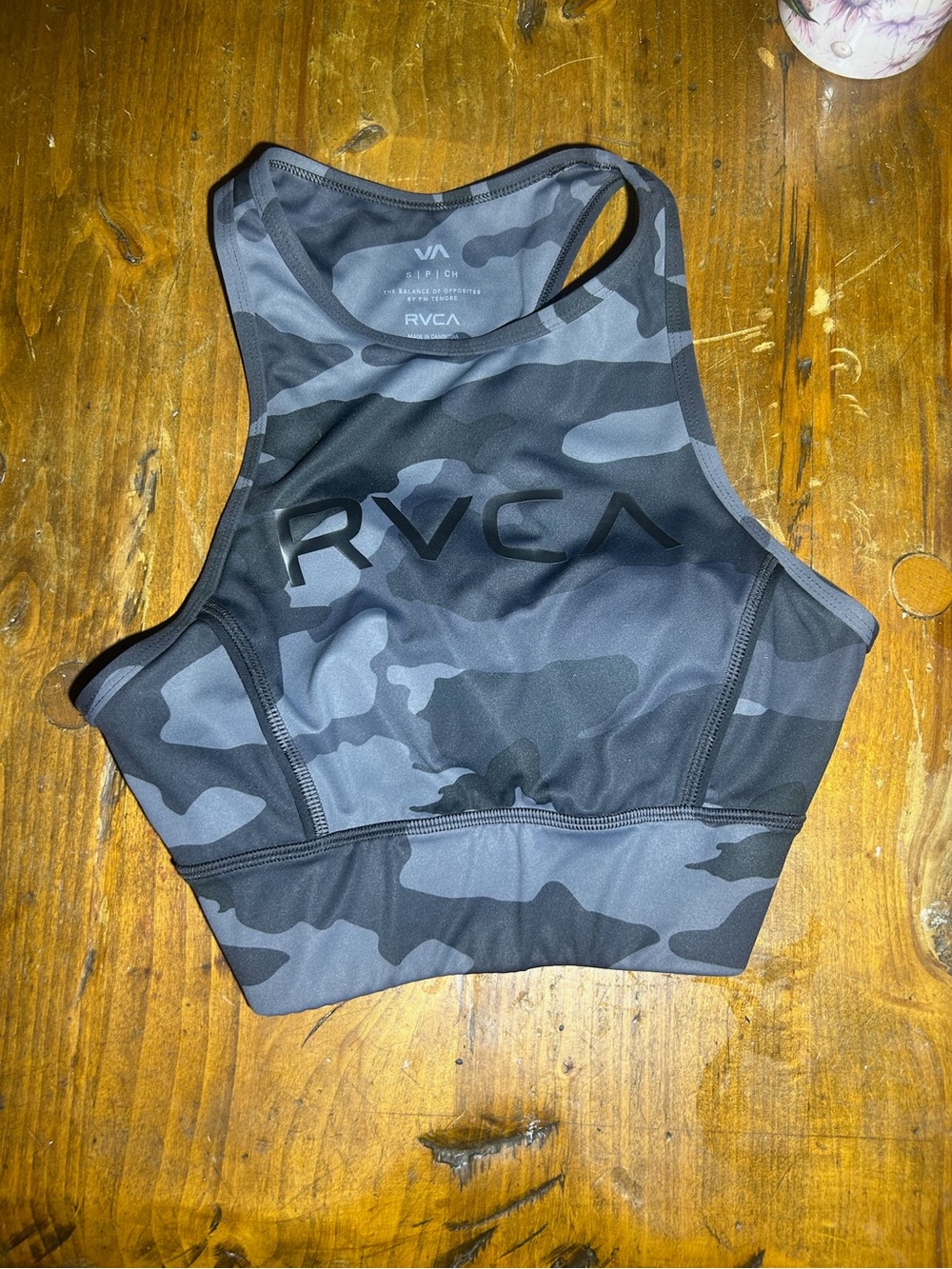 RVCA Black and Gray Camo High-Neck Sports Bra